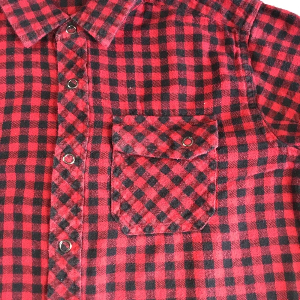 LL Bean Boys Red Black Buffalo Plaid Flannel Snap Shirt M 10-12 509321